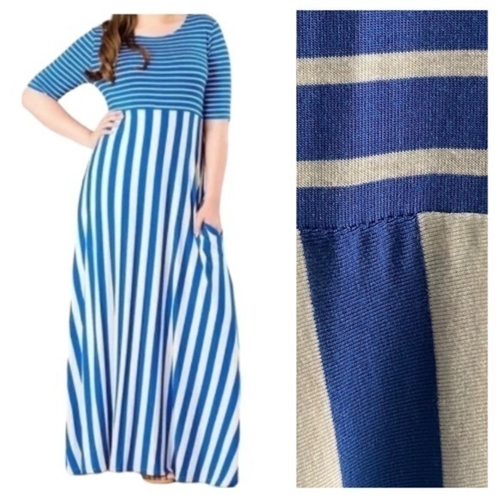Matilda Jane Blue White The Road Ahead Striped Jersey Maxi Short Sleeve Dress S